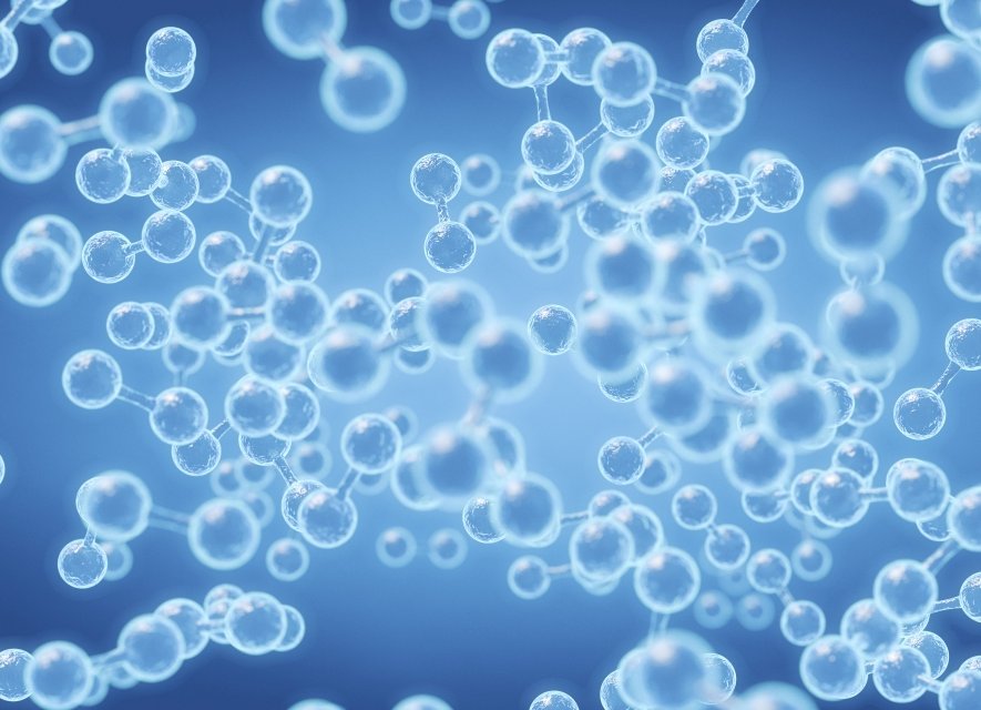 Stilisierte Wasserstoff-Moleküle in blauem Hintergrund 