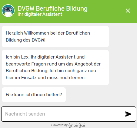 DVGW Berufliche Bildung-Website - geöffneter Chatbot „Lex"