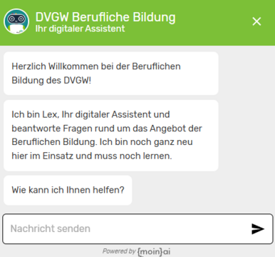 DVGW Berufliche Bildung-Website - geöffneter Chatbot „Lex"