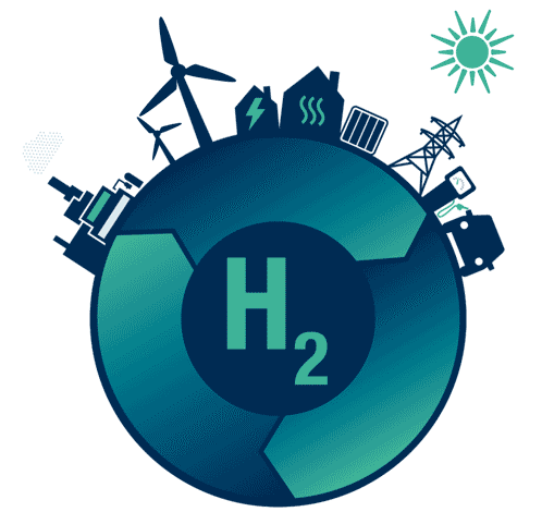 stilisierte Weltkugel als Logo mit Wasserstoff-Bezug